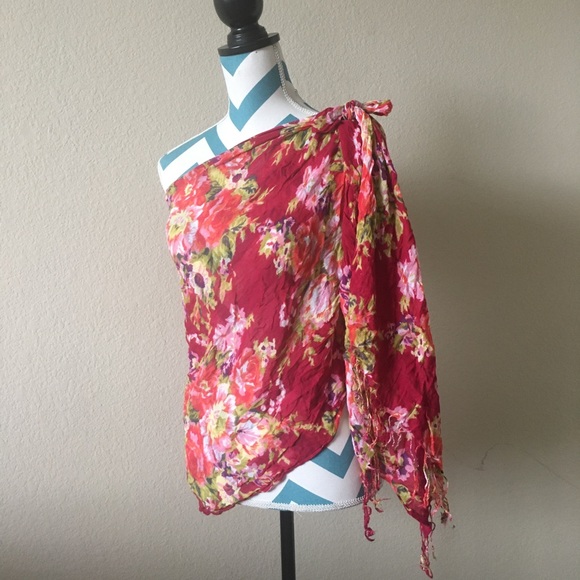 Light scarf-Multicolored red floral with fringe - Picture 5 of 5